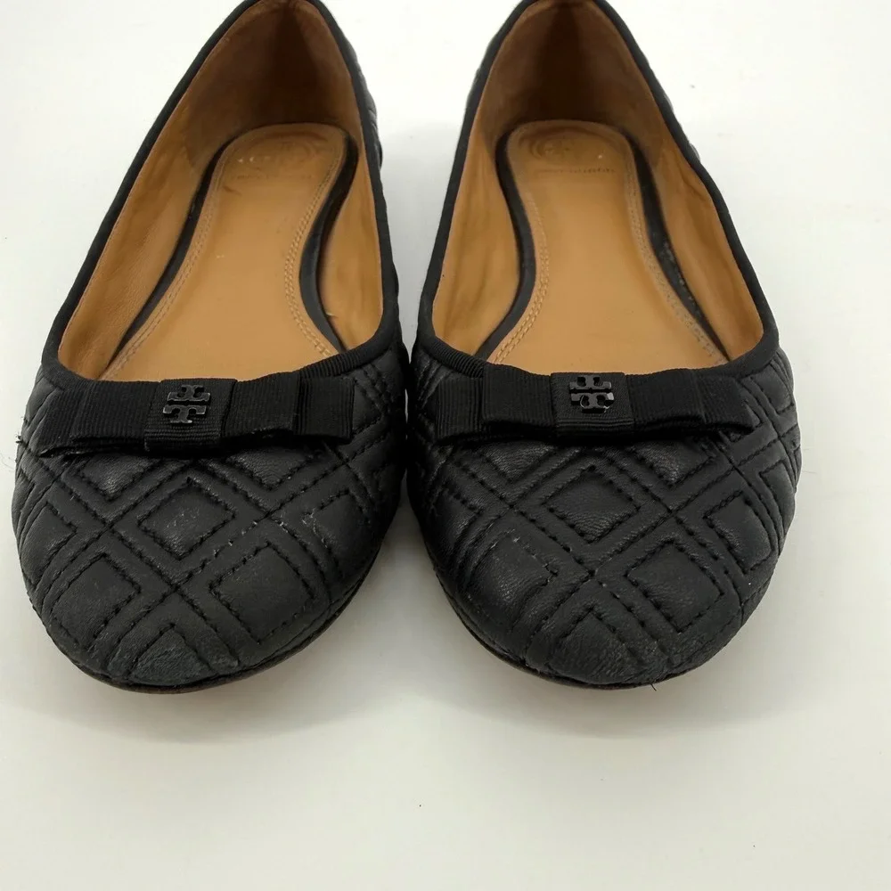 Tory Burch Marion 7.5M Quilted Leather Ballet Flats Bow Black Round Toe Minimal